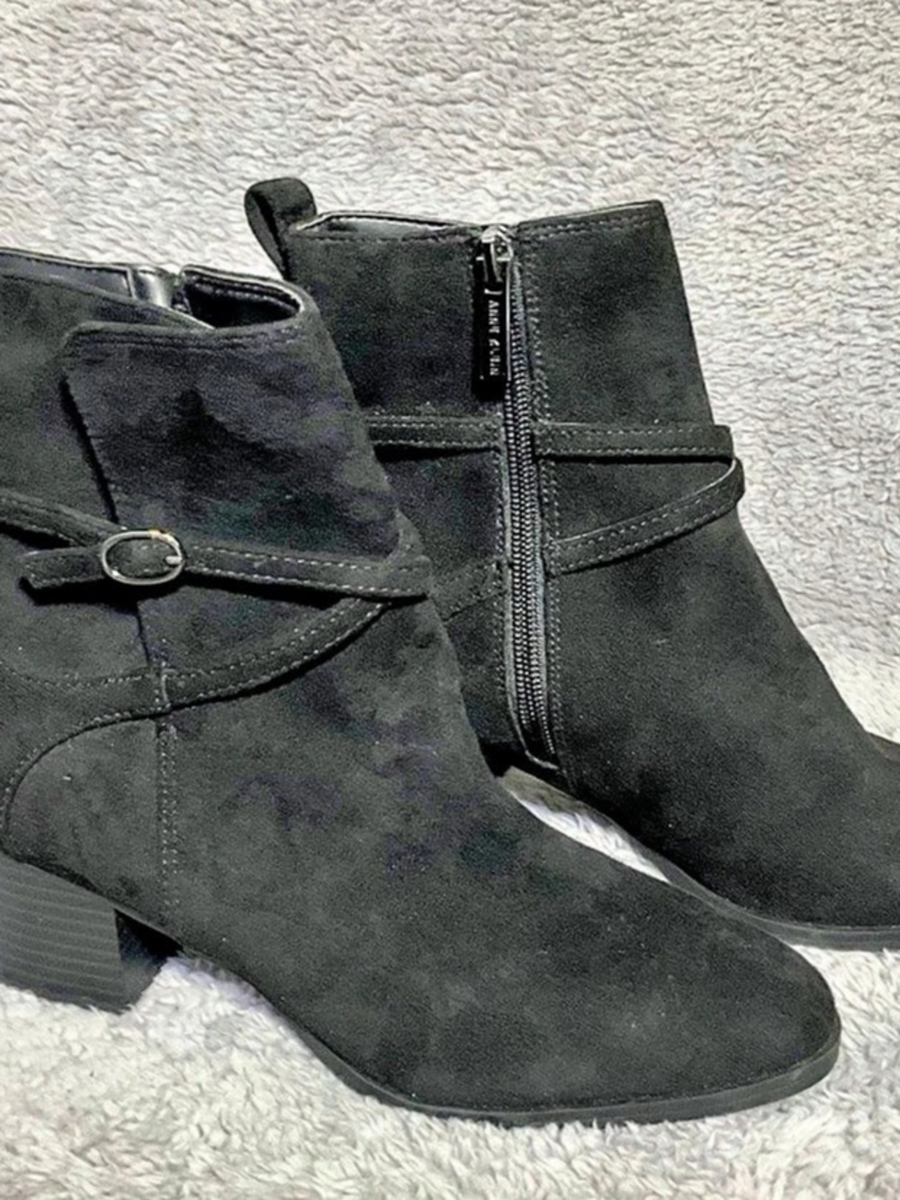 New Anne Klein Maurice Black suede ankle boots with side zipper in size 5.5M.